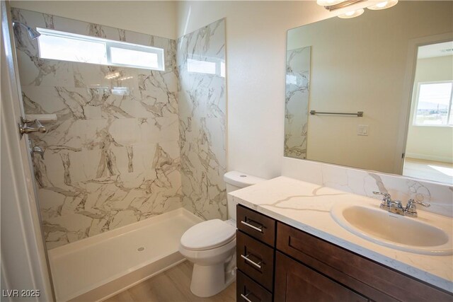 full bathroom with plenty of natural light, toilet, vanity, and a shower stall