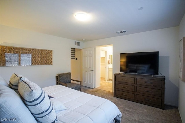 bedroom featuring light colored carpet