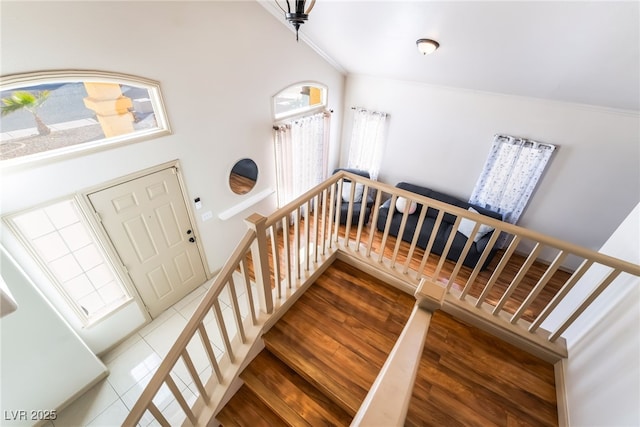 stairs featuring hardwood / wood-style floors