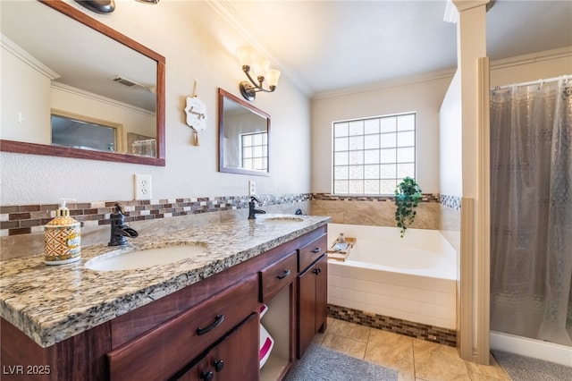 bathroom with tile patterned flooring, vanity, ornamental molding, decorative backsplash, and independent shower and bath