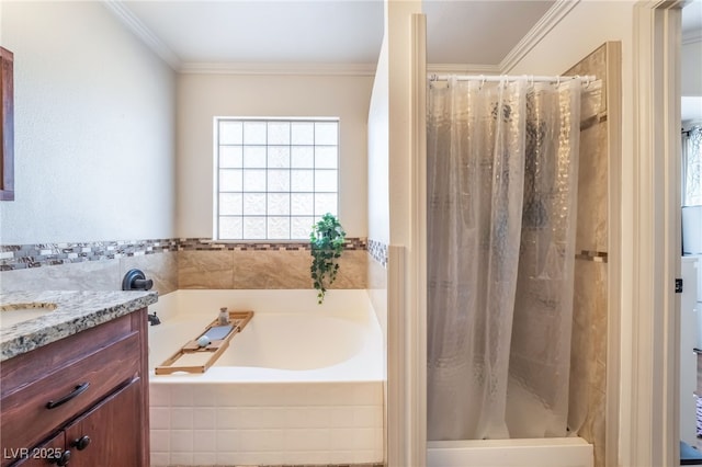 bathroom with ornamental molding, separate shower and tub, and vanity