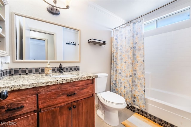 full bathroom with vanity, shower / bath combination with curtain, crown molding, and toilet