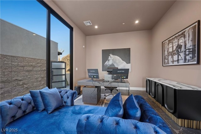 home office with baseboards, visible vents, and recessed lighting