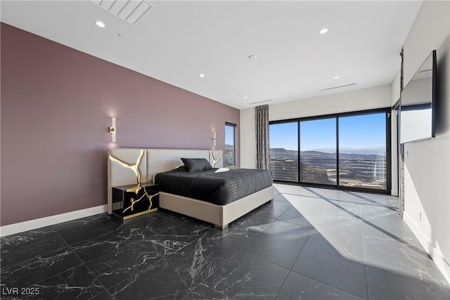 bedroom with recessed lighting, marble finish floor, visible vents, and baseboards