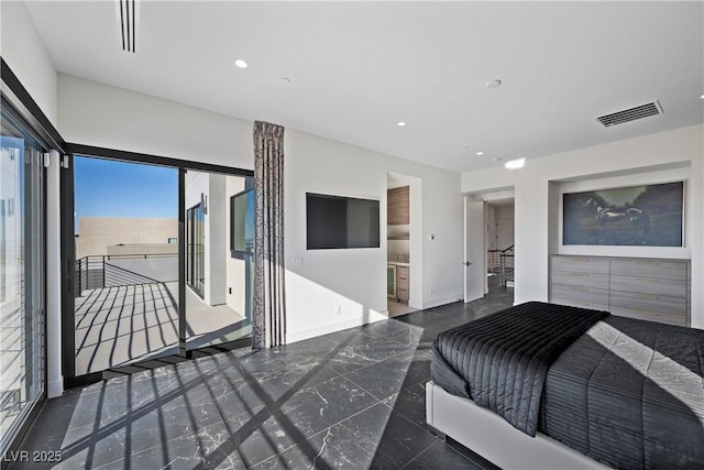 bedroom with baseboards, visible vents, marble finish floor, access to outside, and recessed lighting