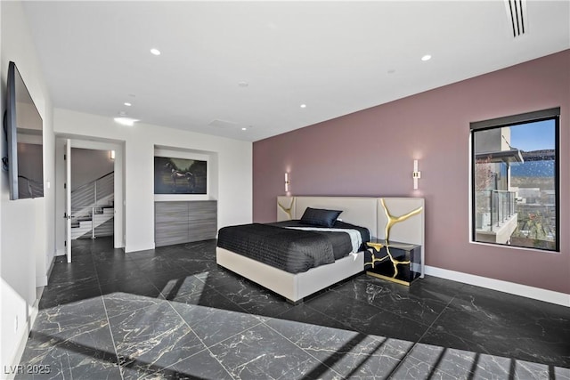 bedroom featuring marble finish floor, visible vents, and recessed lighting