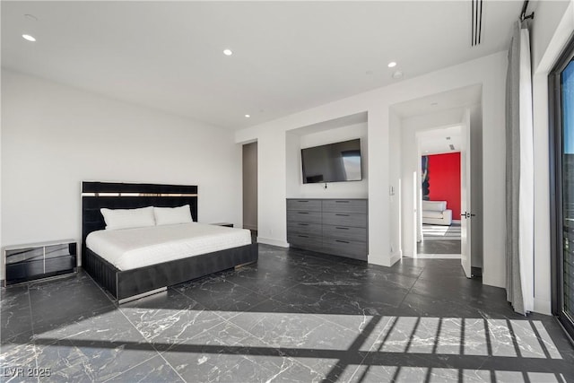 bedroom featuring recessed lighting, marble finish floor, and baseboards