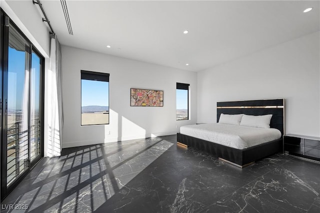 unfurnished bedroom featuring recessed lighting, marble finish floor, and baseboards