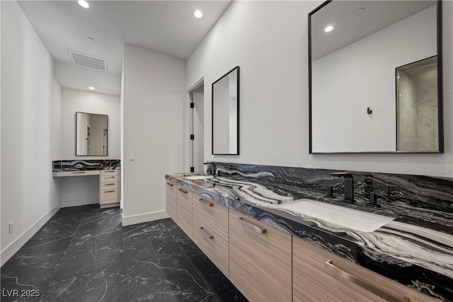 bathroom featuring recessed lighting, a sink, visible vents, marble finish floor, and double vanity