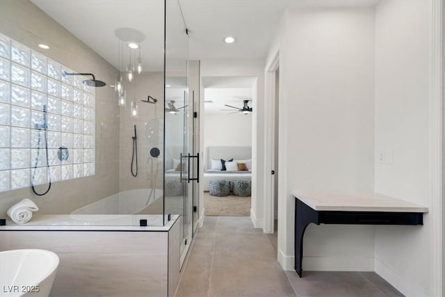 bathroom featuring ceiling fan, tile patterned floors, and independent shower and bath