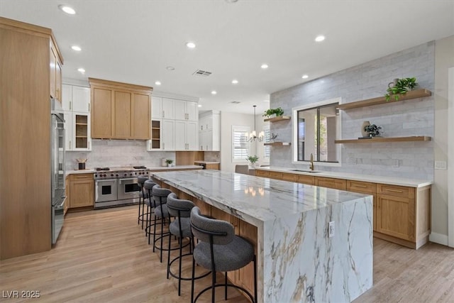 kitchen featuring high end appliances, a large island, sink, and light hardwood / wood-style flooring