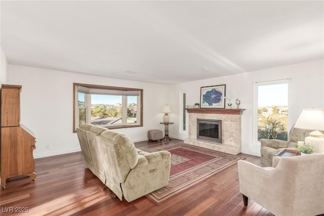 living room with a premium fireplace and hardwood / wood-style floors