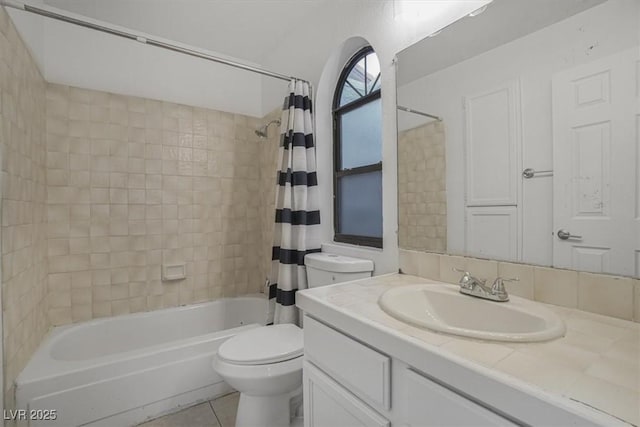 full bathroom with vanity, tile patterned flooring, shower / bath combination with curtain, and toilet