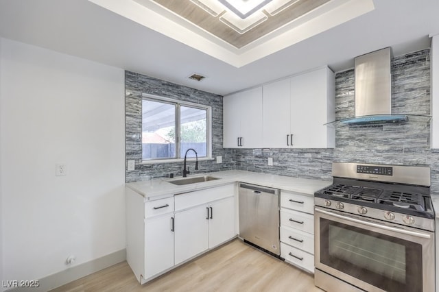 kitchen featuring sink, white cabinetry, a tray ceiling, stainless steel appliances, and wall chimney range hood