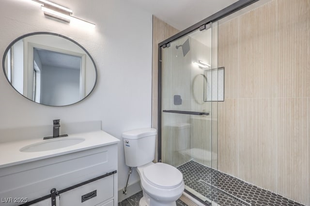 bathroom with vanity, toilet, and walk in shower