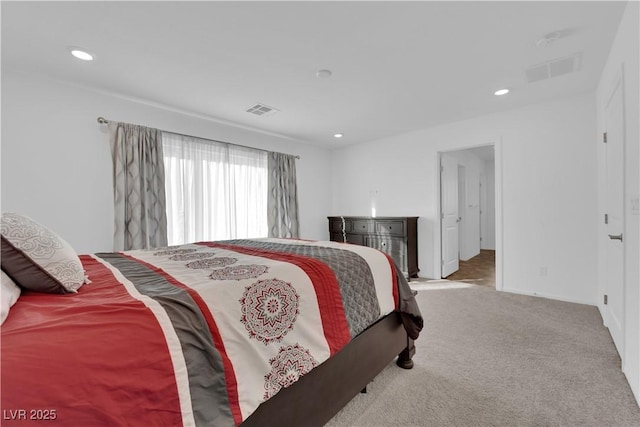 bedroom featuring light carpet