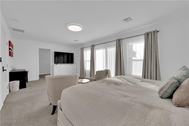 bedroom featuring a walk in closet, a closet, and light carpet