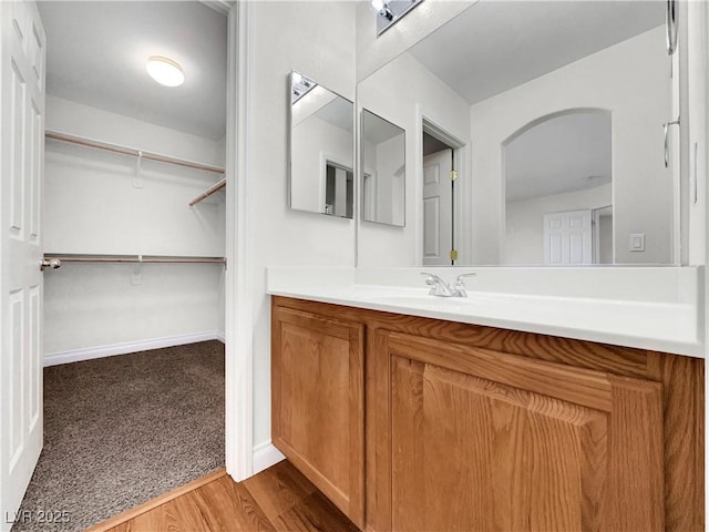 bathroom with hardwood / wood-style flooring and vanity