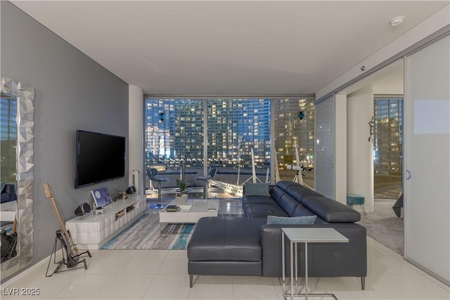 tiled living room with expansive windows