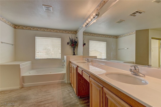 bathroom with vanity, a bathtub, and a textured ceiling