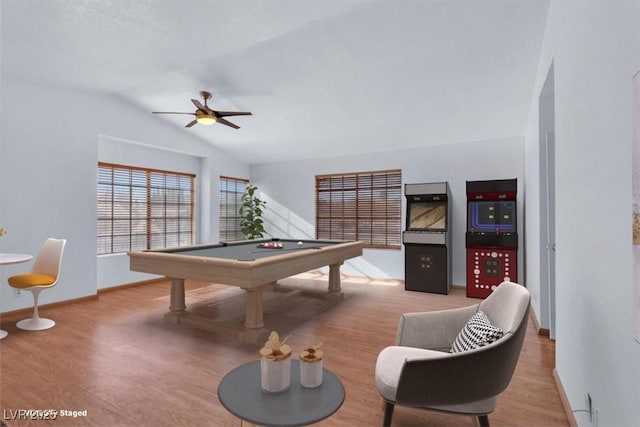 game room featuring ceiling fan, pool table, lofted ceiling, and hardwood / wood-style floors