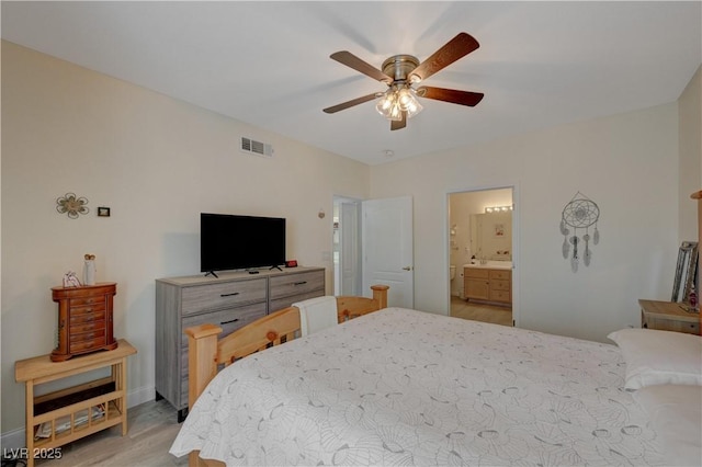 bedroom featuring light wood-type flooring, connected bathroom, and ceiling fan