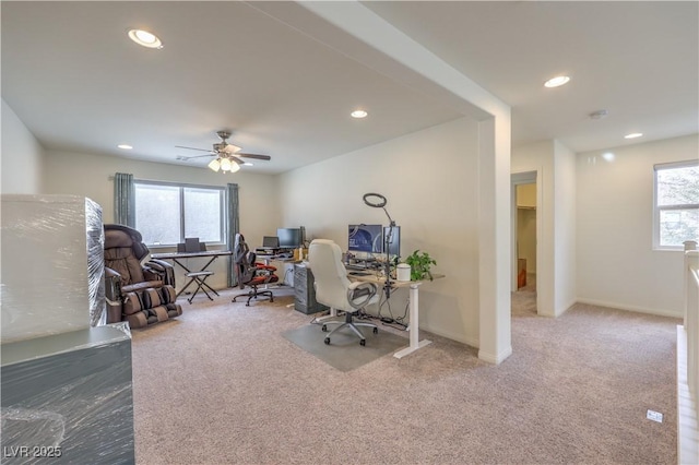 home office featuring ceiling fan and carpet flooring