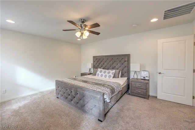 bedroom with visible vents, light carpet, a ceiling fan, recessed lighting, and baseboards