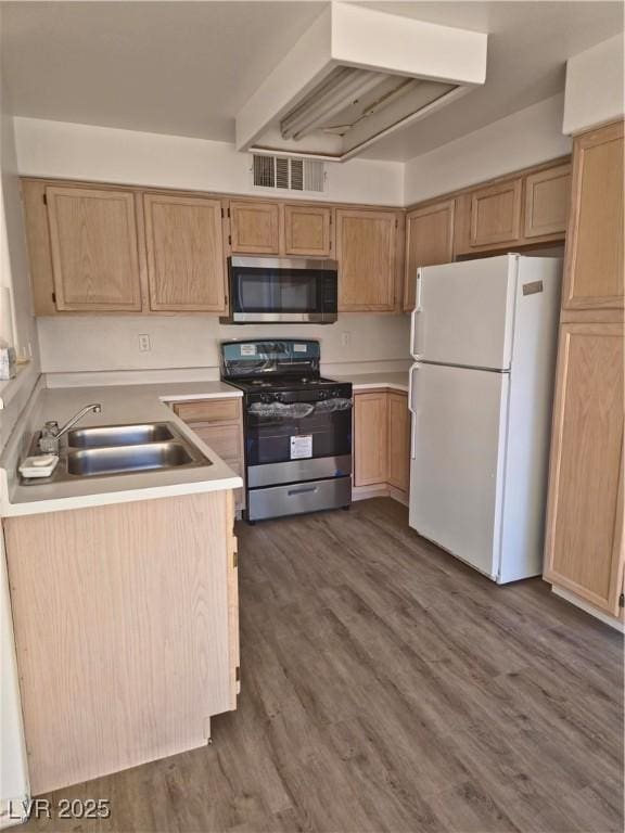 kitchen with dark wood-type flooring, appliances with stainless steel finishes, light brown cabinetry, and sink