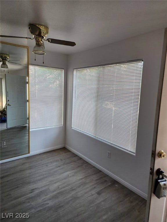 interior space with ceiling fan and dark hardwood / wood-style floors