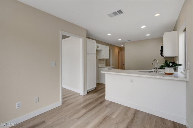 kitchen featuring light wood-type flooring, white cabinetry, sink, and kitchen peninsula