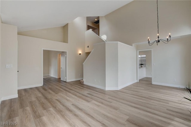 interior space with high vaulted ceiling, light hardwood / wood-style flooring, and a chandelier