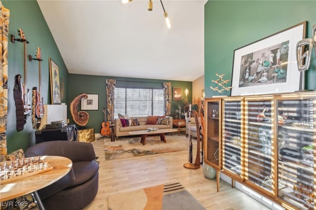 living room featuring wood-type flooring and vaulted ceiling