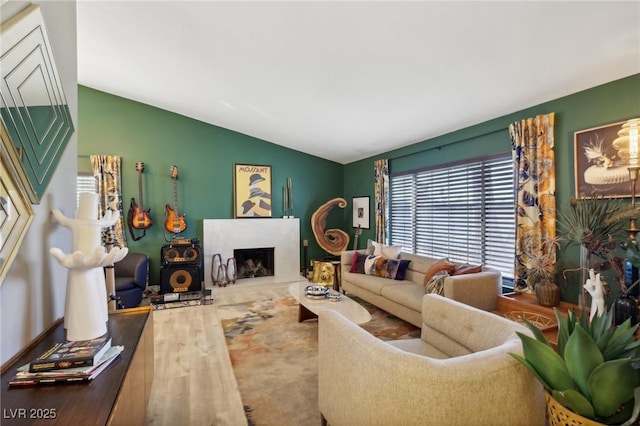 living room featuring lofted ceiling and wood-type flooring