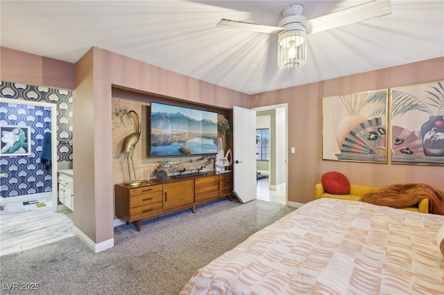 bedroom featuring light carpet and ceiling fan