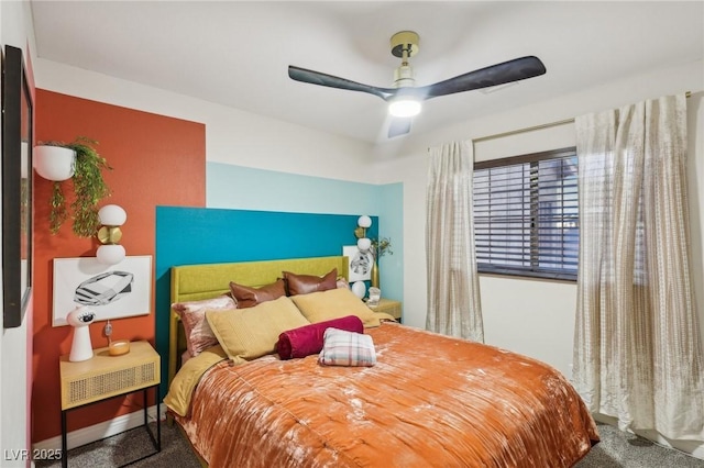 bedroom featuring carpet flooring and ceiling fan