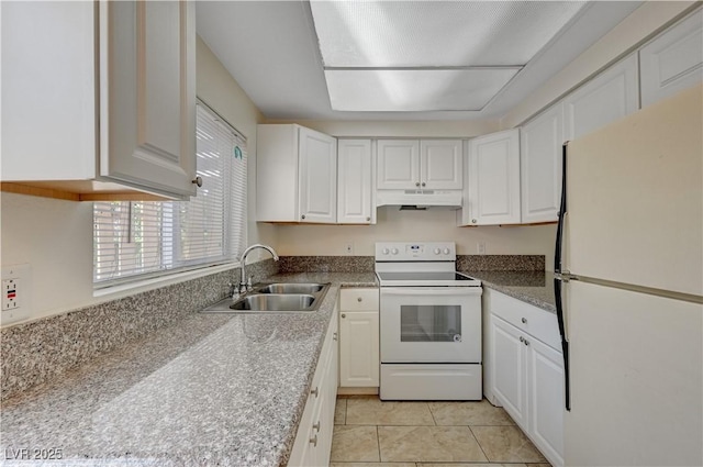 kitchen featuring white cabinetry, white appliances, light tile patterned flooring, and sink