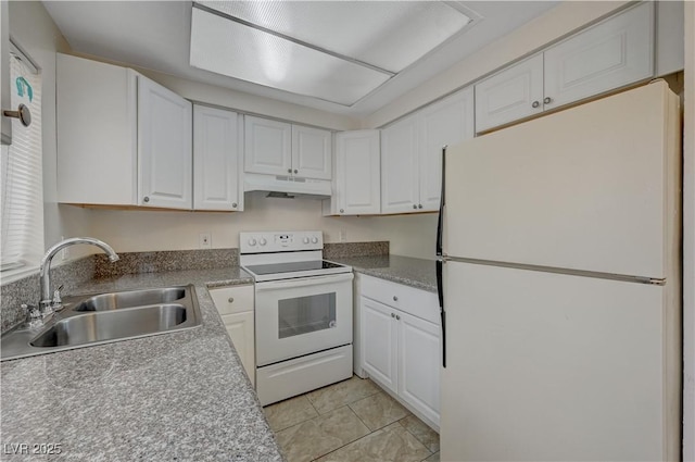 kitchen with white cabinetry, white appliances, sink, and light tile patterned floors