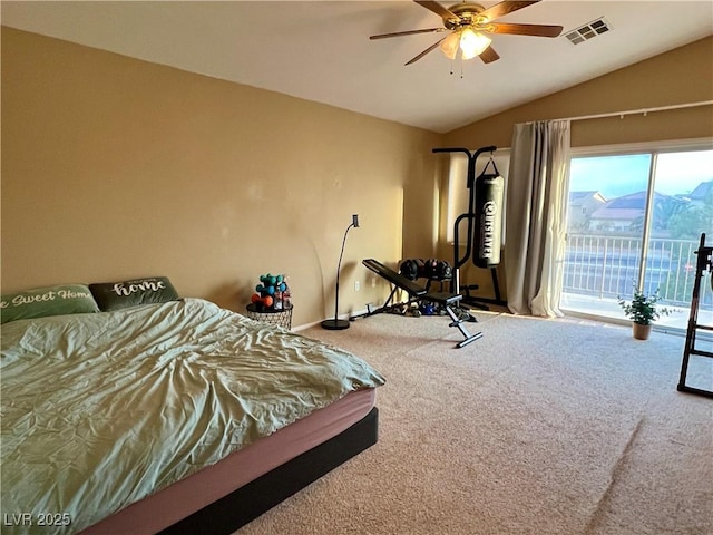 bedroom with ceiling fan, lofted ceiling, access to exterior, and carpet