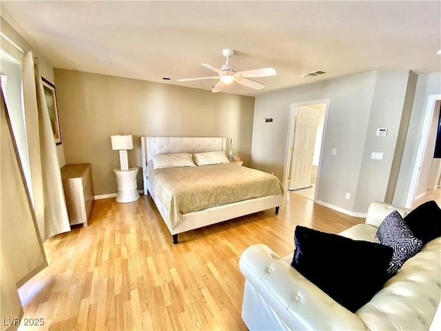 bedroom featuring ceiling fan and light hardwood / wood-style floors