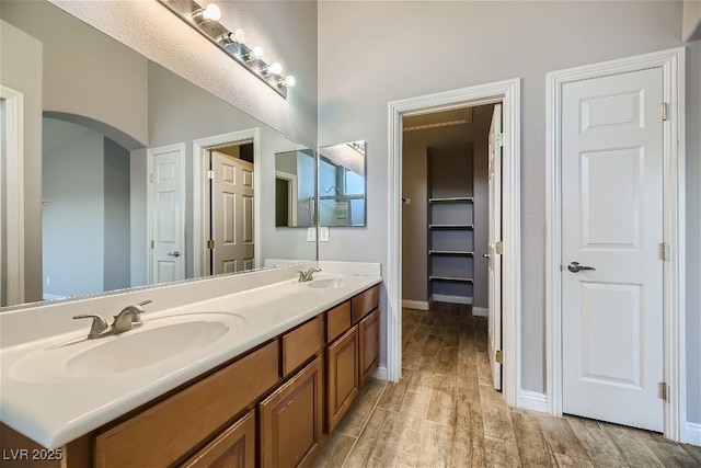 bathroom with hardwood / wood-style flooring and vanity