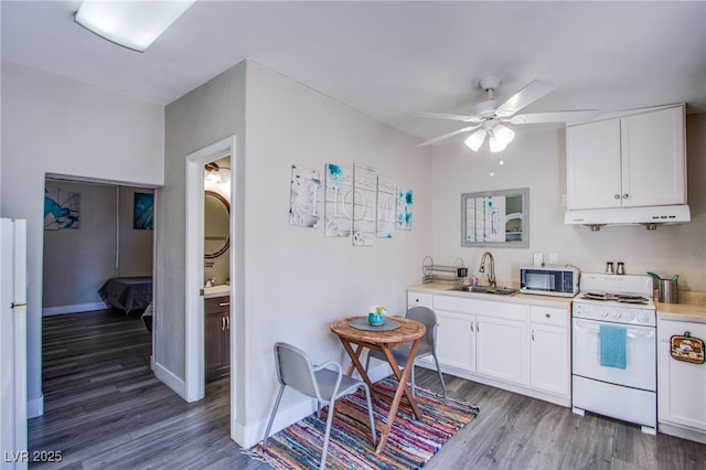 kitchen with white cabinetry, wood-type flooring, sink, and white range with electric stovetop