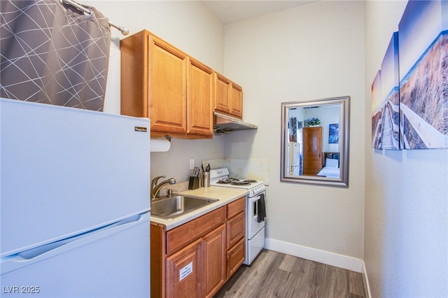 kitchen with sink, hardwood / wood-style floors, and white appliances