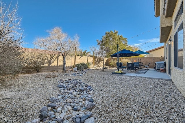 view of yard featuring a patio area and a fenced backyard