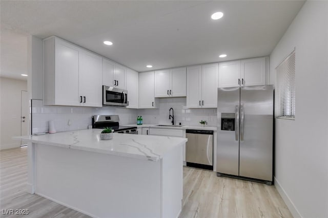 kitchen featuring white cabinetry, stainless steel appliances, kitchen peninsula, and sink