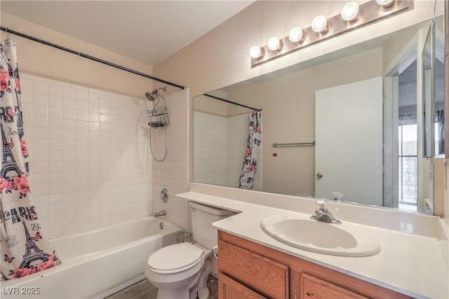 full bathroom with vanity, shower / bath combination with curtain, and toilet