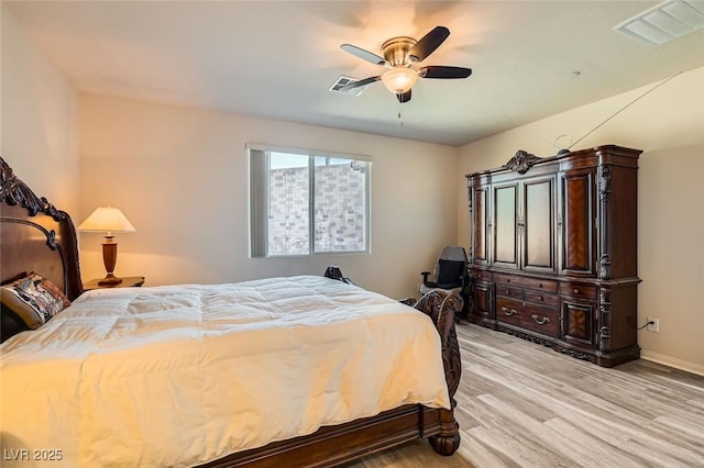 bedroom with ceiling fan and light wood-type flooring