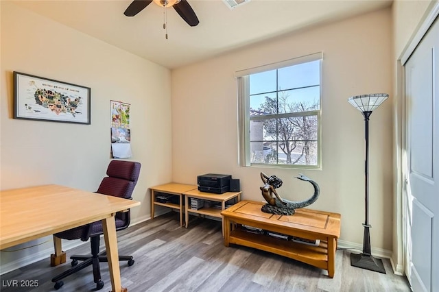 office area featuring ceiling fan and hardwood / wood-style floors