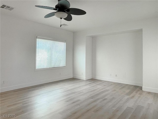 empty room featuring ceiling fan and light hardwood / wood-style floors