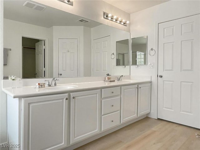 bathroom with hardwood / wood-style flooring and vanity